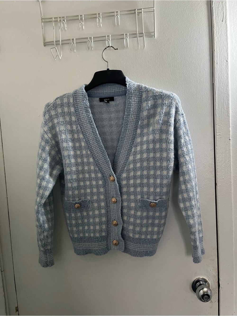Aqua Checked Light Blue V-Neck Cardigan with Front Pockets